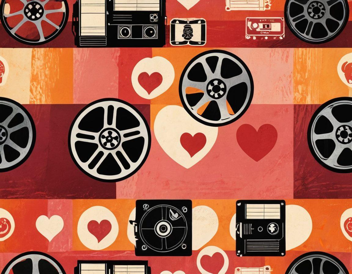 A captivating collage featuring elements of adult media, such as a vintage film reel, digital streaming icons, and a seductive silhouette. The background should be an abstract representation of intimacy and exploration, with a warm color palette that evokes curiosity. Integrate popular symbols like hearts and film strips, blending them seamlessly into a vibrant scene. super-realistic. warm colors. dynamic composition.