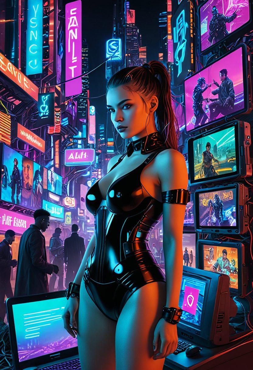 A captivating collage featuring various digital devices displaying adult video platforms. Showcase diverse characters engaged with different NSFW content, with an abstract background that represents the complexity of digital ecosystems. Include elements like playful neon lights, textured graphics, and a hint of a winding path symbolizing the journey. Edge the scene with symbols representing safety and discretion, emphasizing a responsible approach to adult content. vibrant colors. cyberpunk.