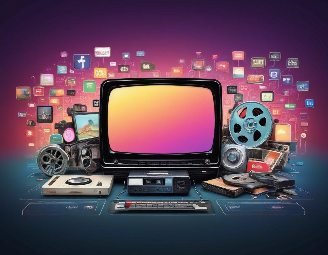 A timeline illustration depicting the evolution of adult media, featuring traditional adult films on one side with vintage film reels, projectors, and classic posters, transitioning to modern streaming platforms represented by sleek devices like tablets and smart TVs. Include symbols of technology like the internet and cloud streaming, with a gradient background that represents the shift from past to present. vibrant colors. digital art.